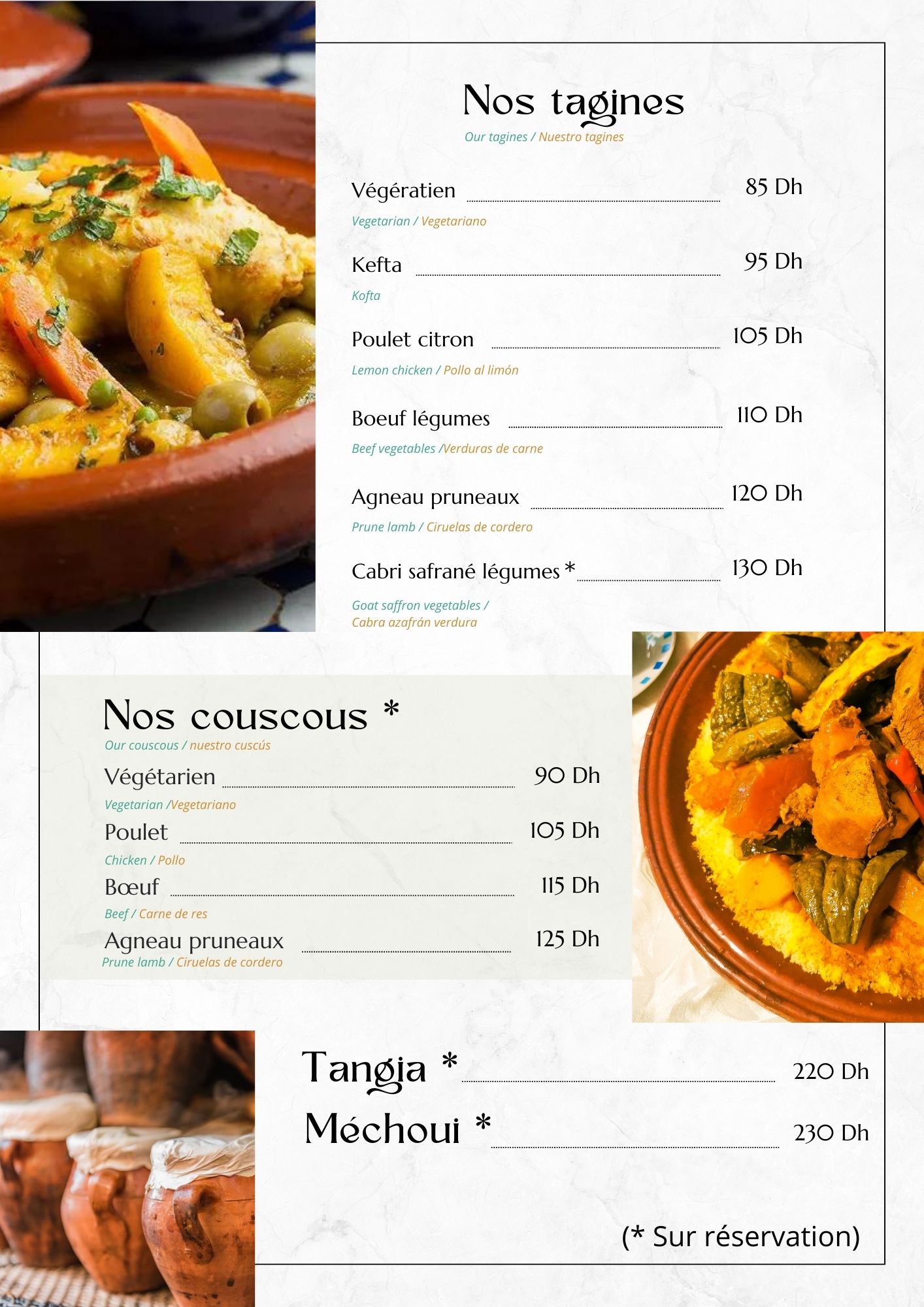 Menu du restaurant Aurocher montrant une variété de plats traditionnels marocains, y compris tagines et couscous, avec des options sur réservation.