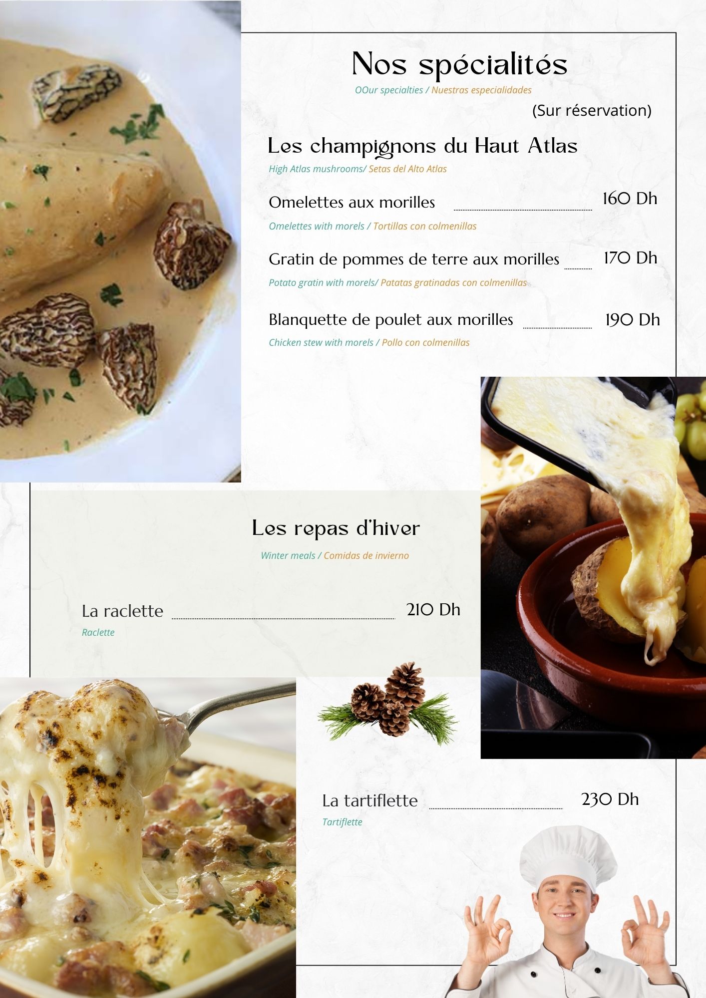 Menu des spécialités du restaurant Aurocher avec blanquette de poulet aux morilles et repas d'hiver.