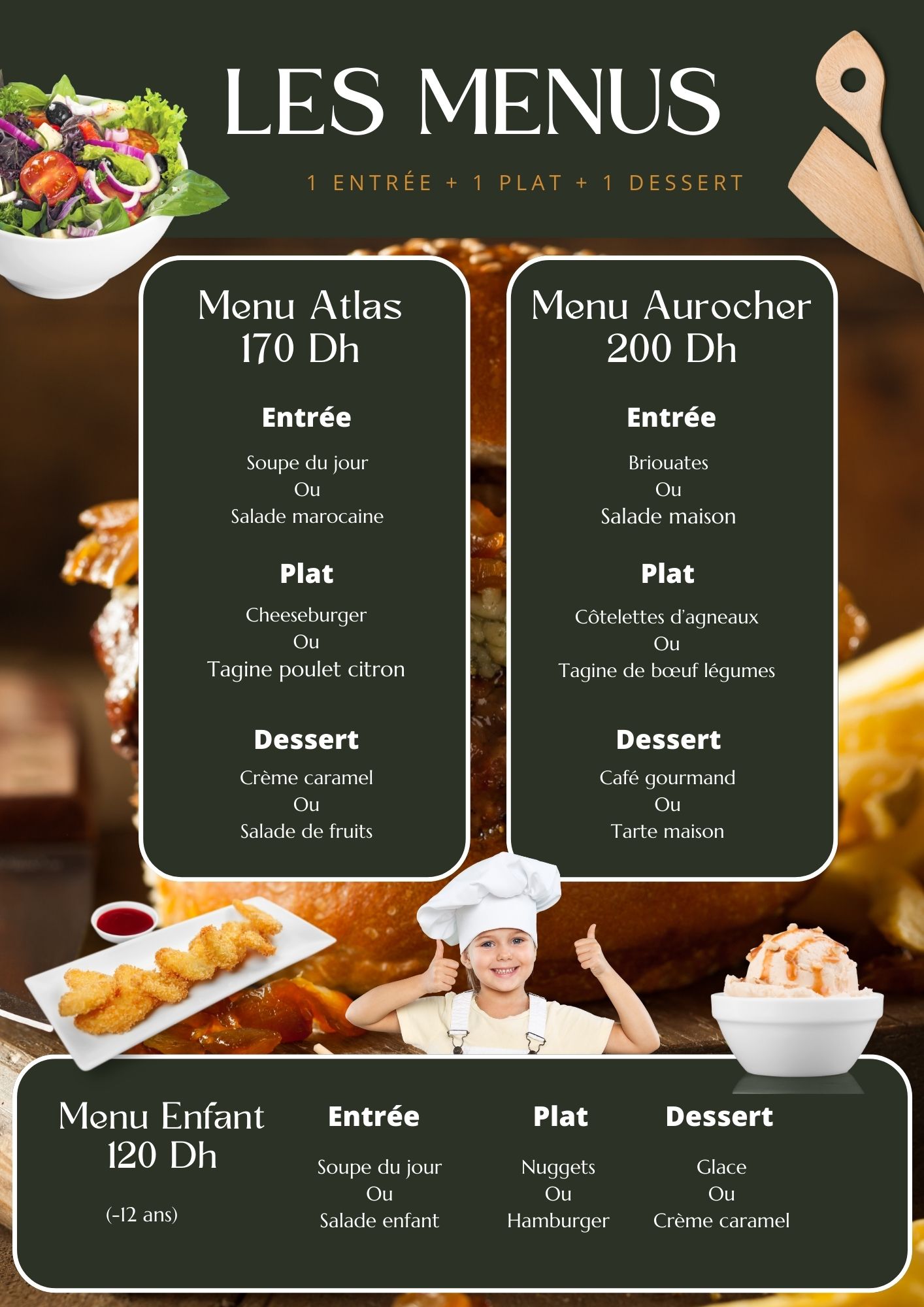 Carte du restaurant de l'Hôtel Aurocher montrant deux menus : Menu Atlas à 170dh et Menu Aurocher à 200dh.