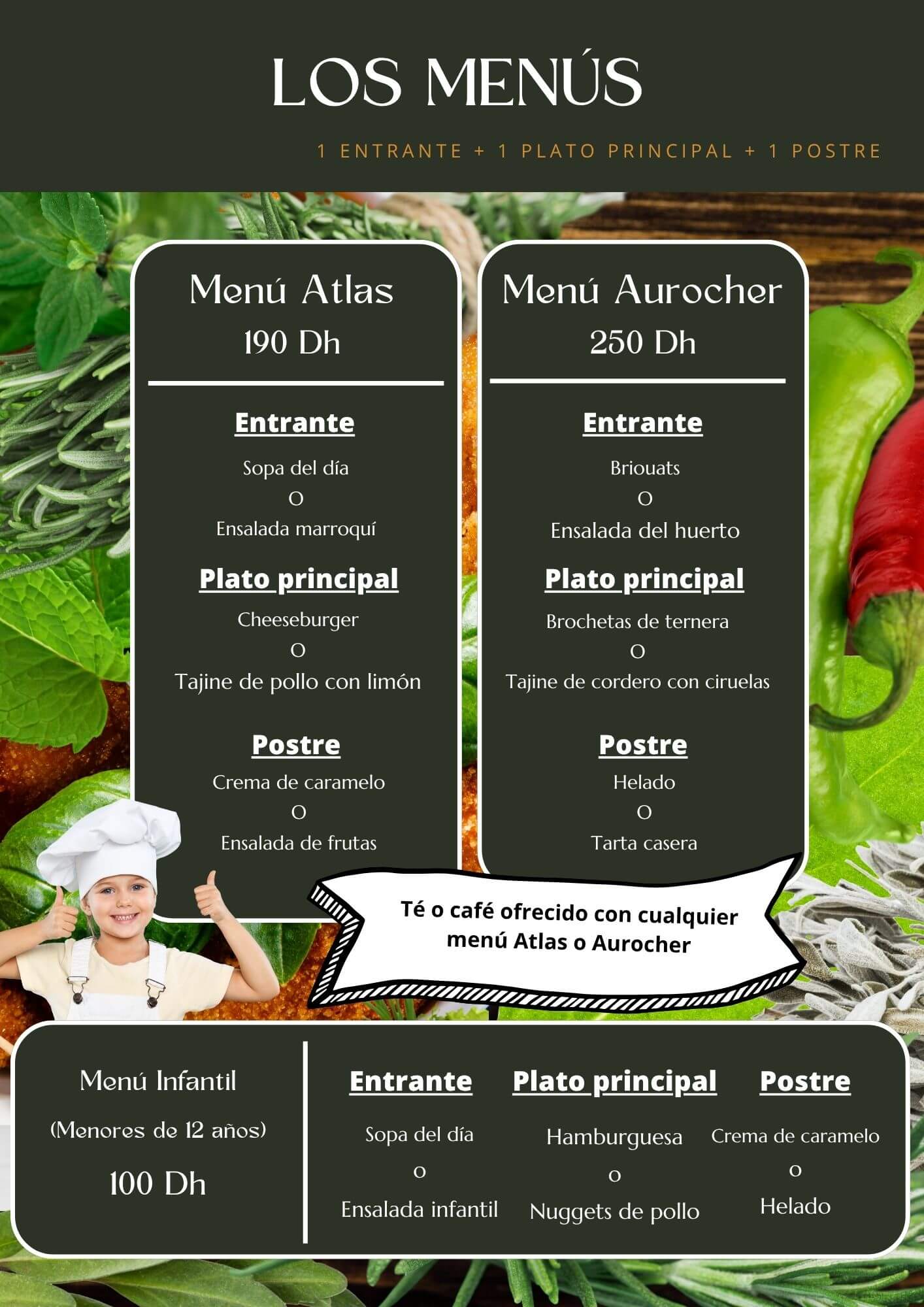 Menús del restaurante Aurocher en Oukaimeden: menú Atlas, menú Aurocher y menú infantil con cocina marroquí y productos del huerto