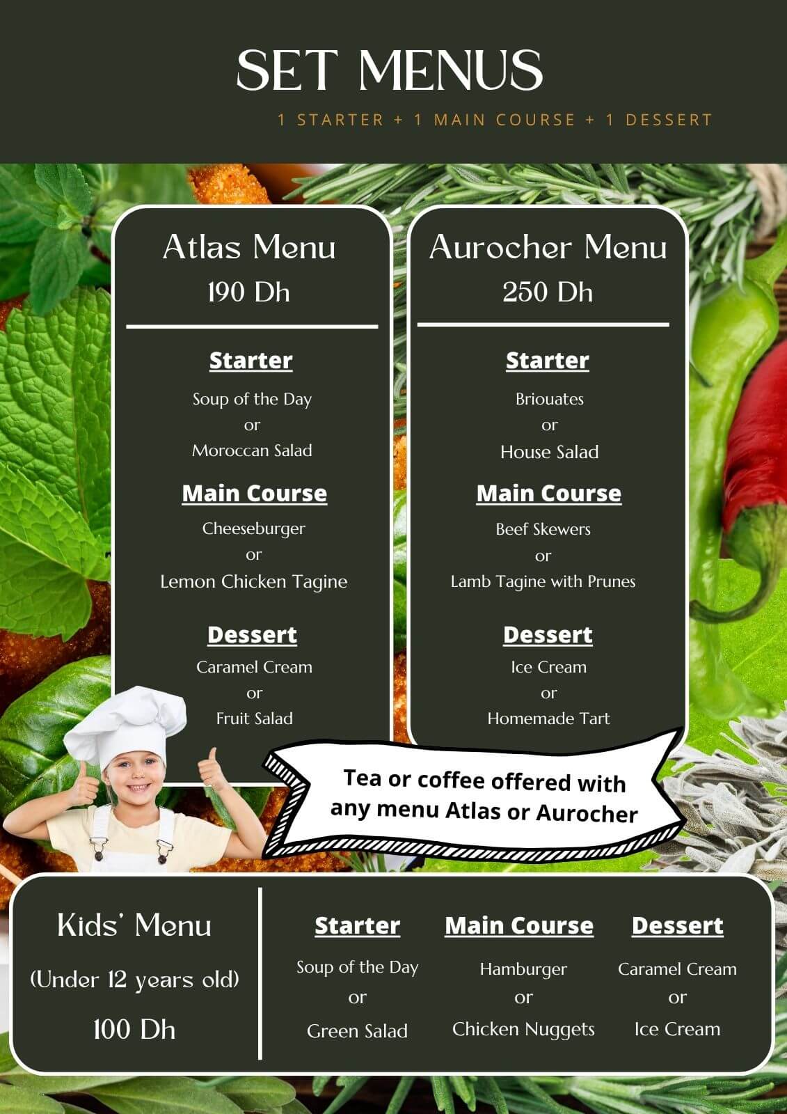 Aurocher restaurant set menus featuring Atlas and Aurocher options with Moroccan dishes and local ingredients.