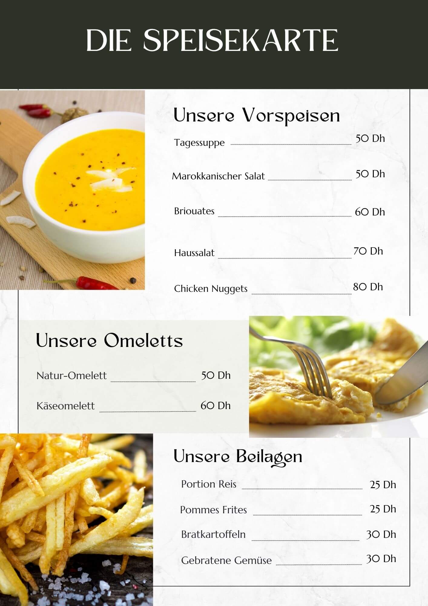 Speisekarte des Hotels Aurocher in Oukaimeden – Vorspeisen, Omeletts und Beilagen