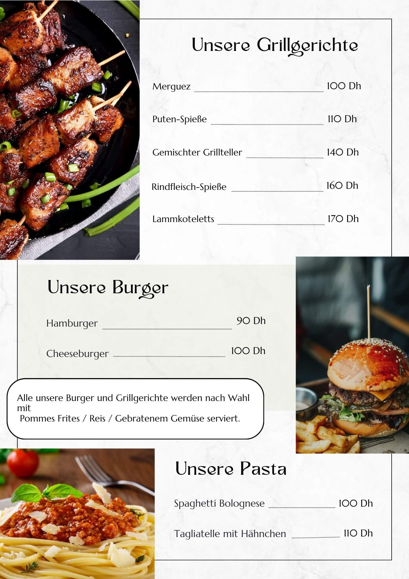 Aurocher Speisekarte – Grillgerichte, Burger und Pasta im Hotel Aurocher in Oukaimeden