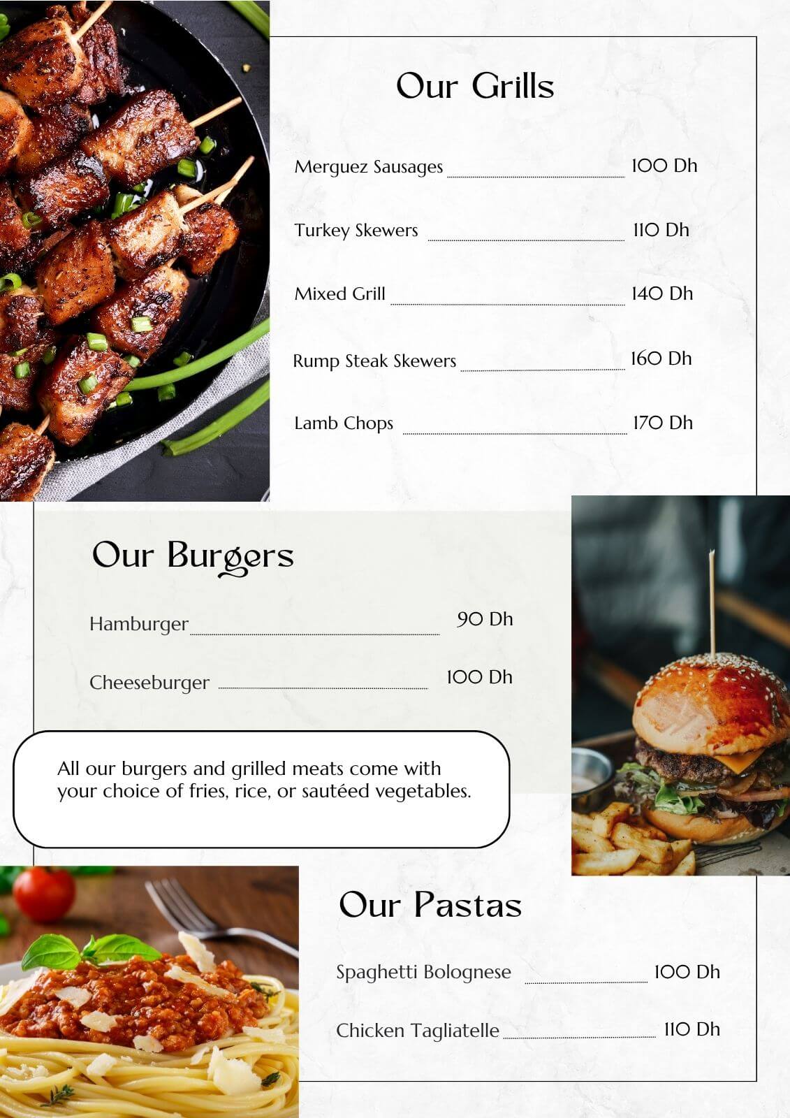 Aurocher restaurant menu featuring grilled meats, burgers, and pasta dishes in Oukaimeden, Morocco.