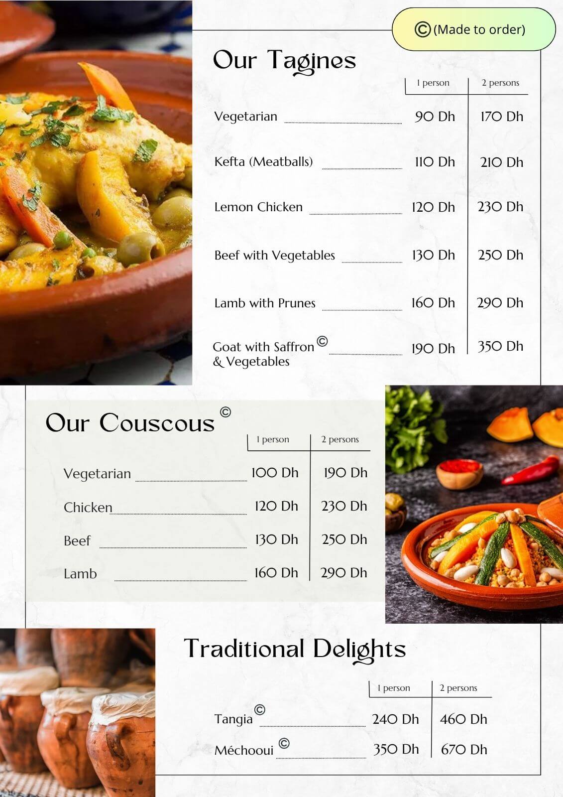 Aurocher restaurant menu featuring Moroccan tagines, couscous, and traditional dishes prepared to order.