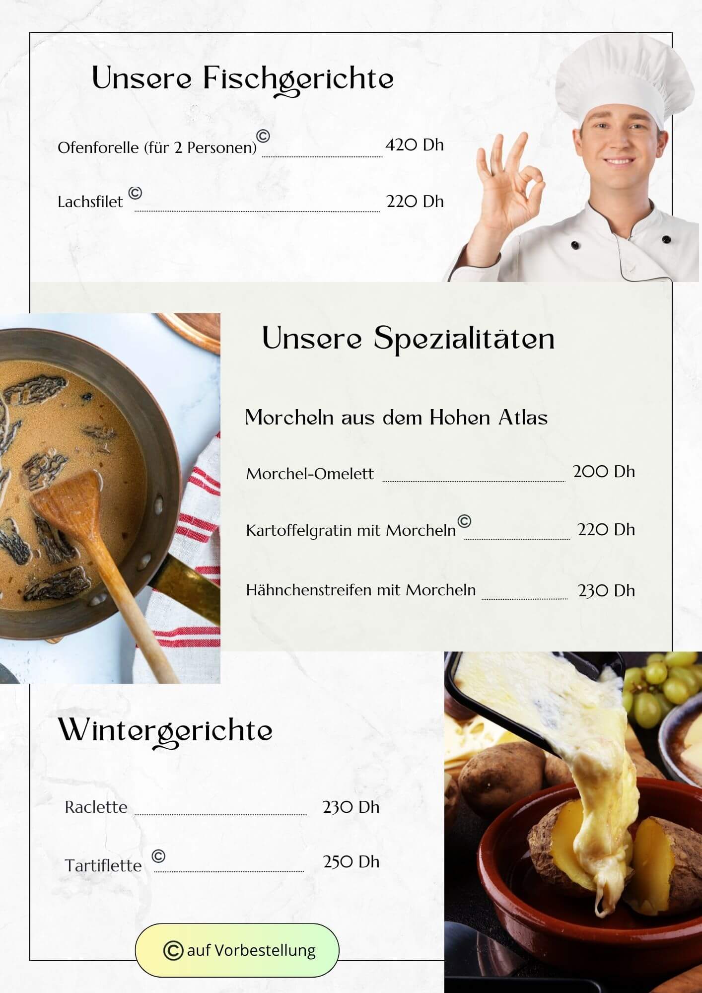 Aurocher Speisekarte – Fischgerichte, Morcheln aus dem Hohen Atlas und Wintergerichte in Oukaimeden