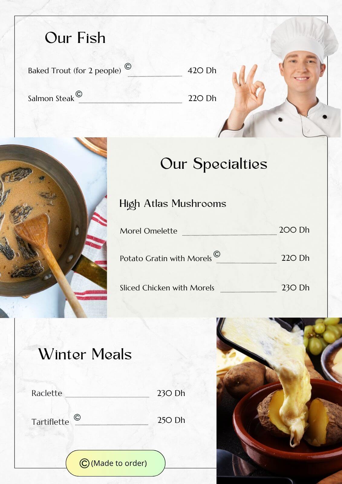Aurocher restaurant menu with fish dishes, High Atlas mushroom specialties, and winter meals such as raclette and tartiflette.