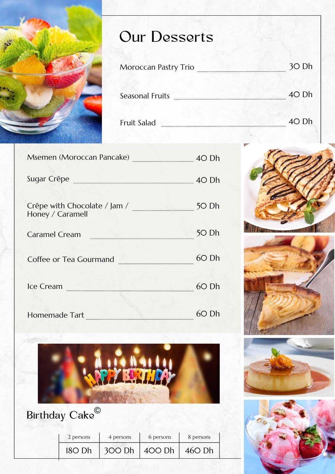 Aurocher restaurant dessert menu featuring Moroccan pastries, crêpes, caramel cream, and birthday cakes.