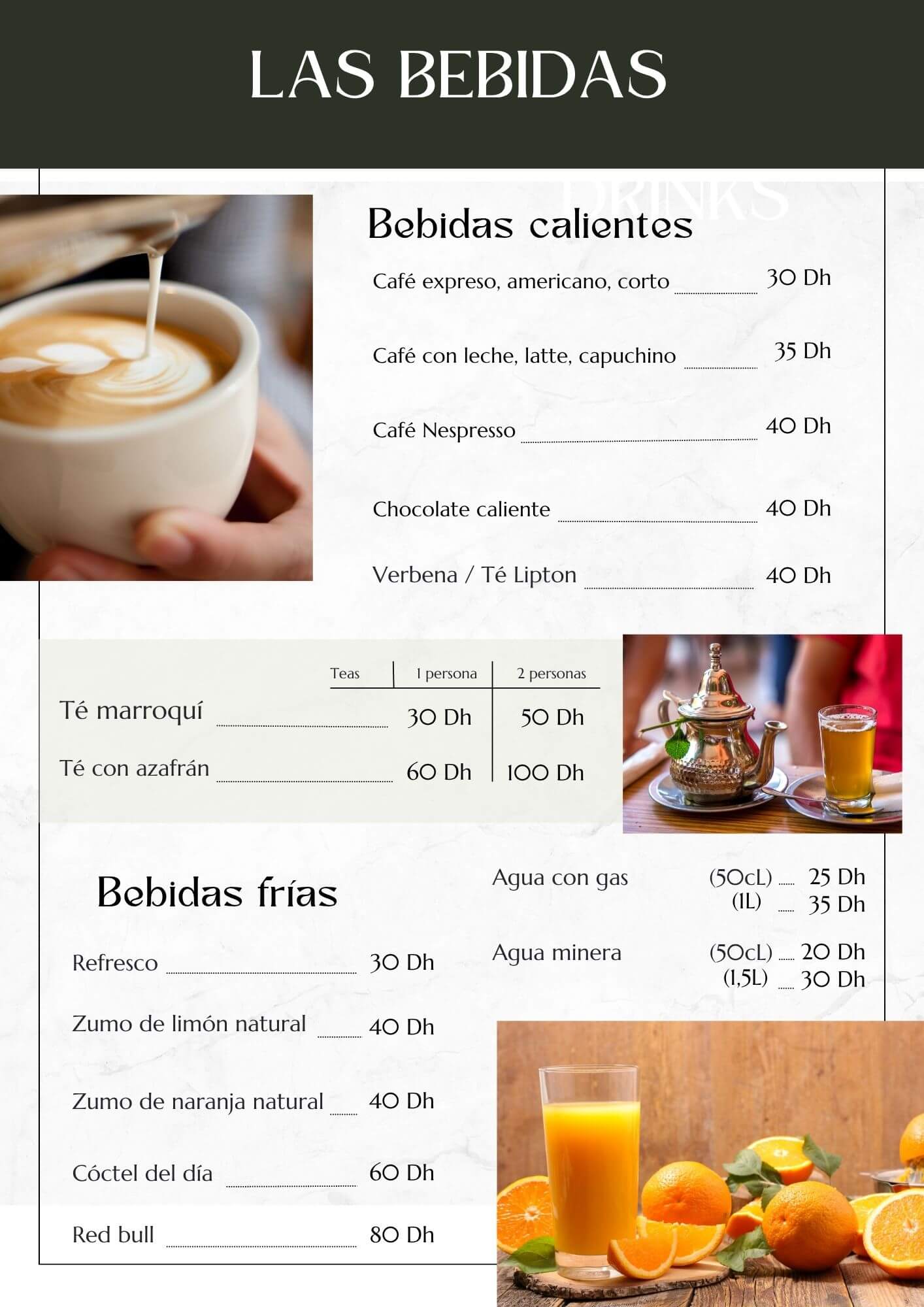 Bebidas del restaurante Aurocher en Oukaimeden: café, té marroquí, té con azafrán y zumos naturales del Alto Atlas
