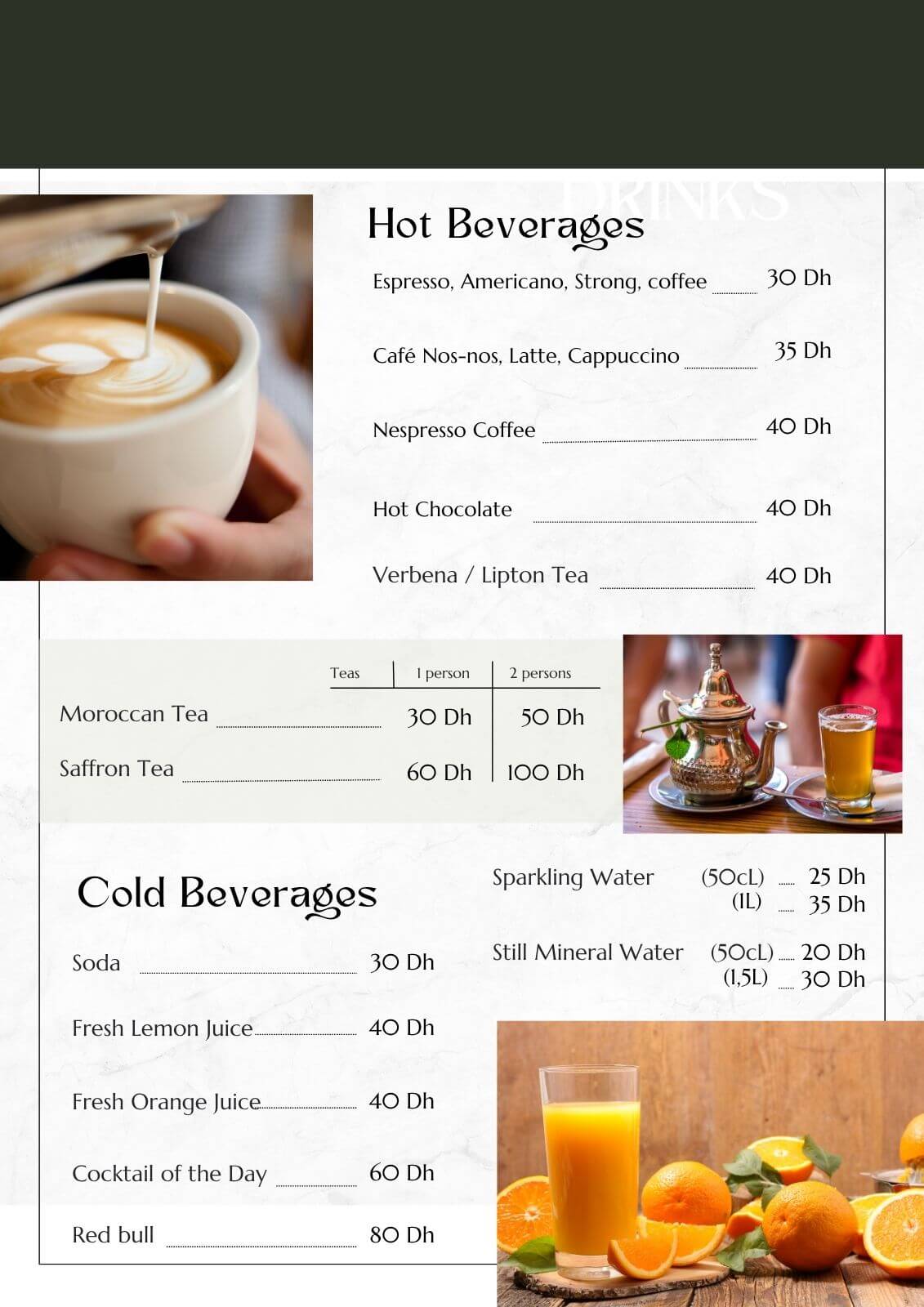 Aurocher drinks menu featuring Moroccan tea, saffron tea, coffee, hot chocolate, and fresh juices.